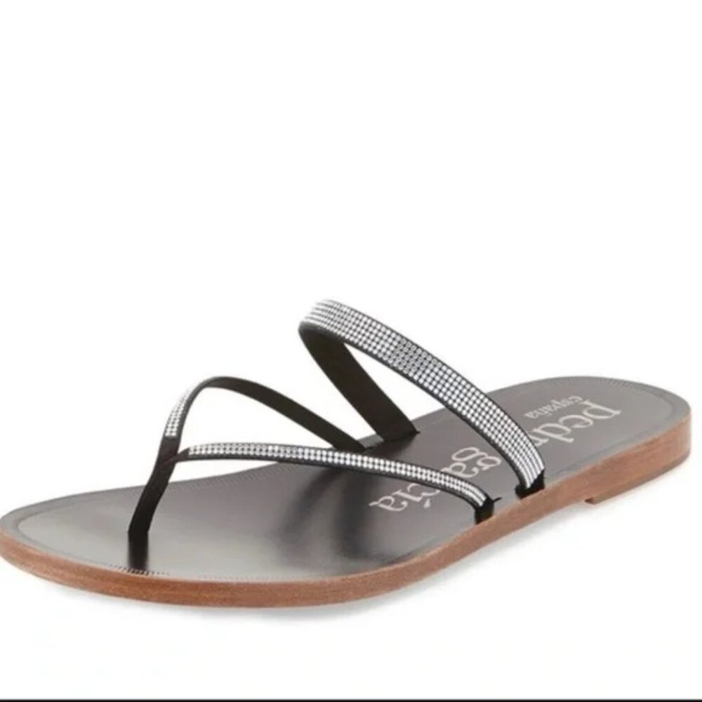 Pedro Garcia Ilsa Black Swarovski Crystal Satin Thong Sandals Sz 38.5
